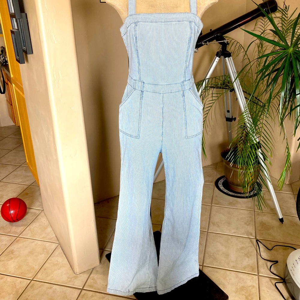 Vintage-inspired, striped denim, overalls